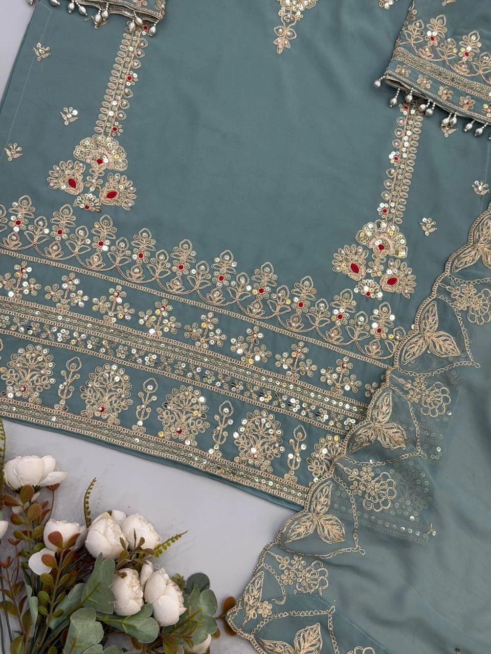 Sage Green Sequins Embroidered Sharara Suit flat lay detail shot 8 – Kalyanja KU305